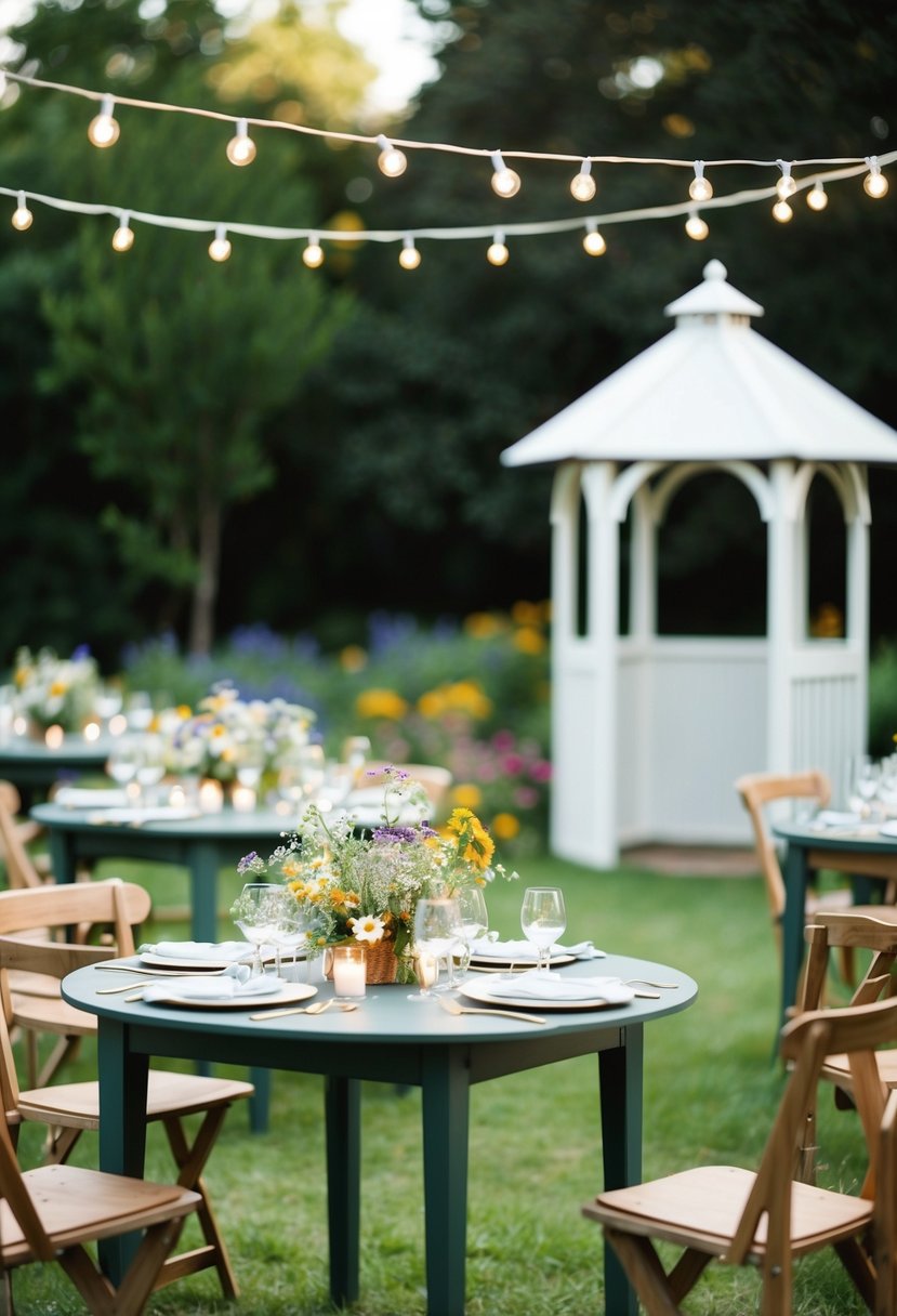 A garden wedding with simple decorations, fairy lights, and a small gazebo. Tables adorned with wildflowers and candles. A cozy, intimate atmosphere