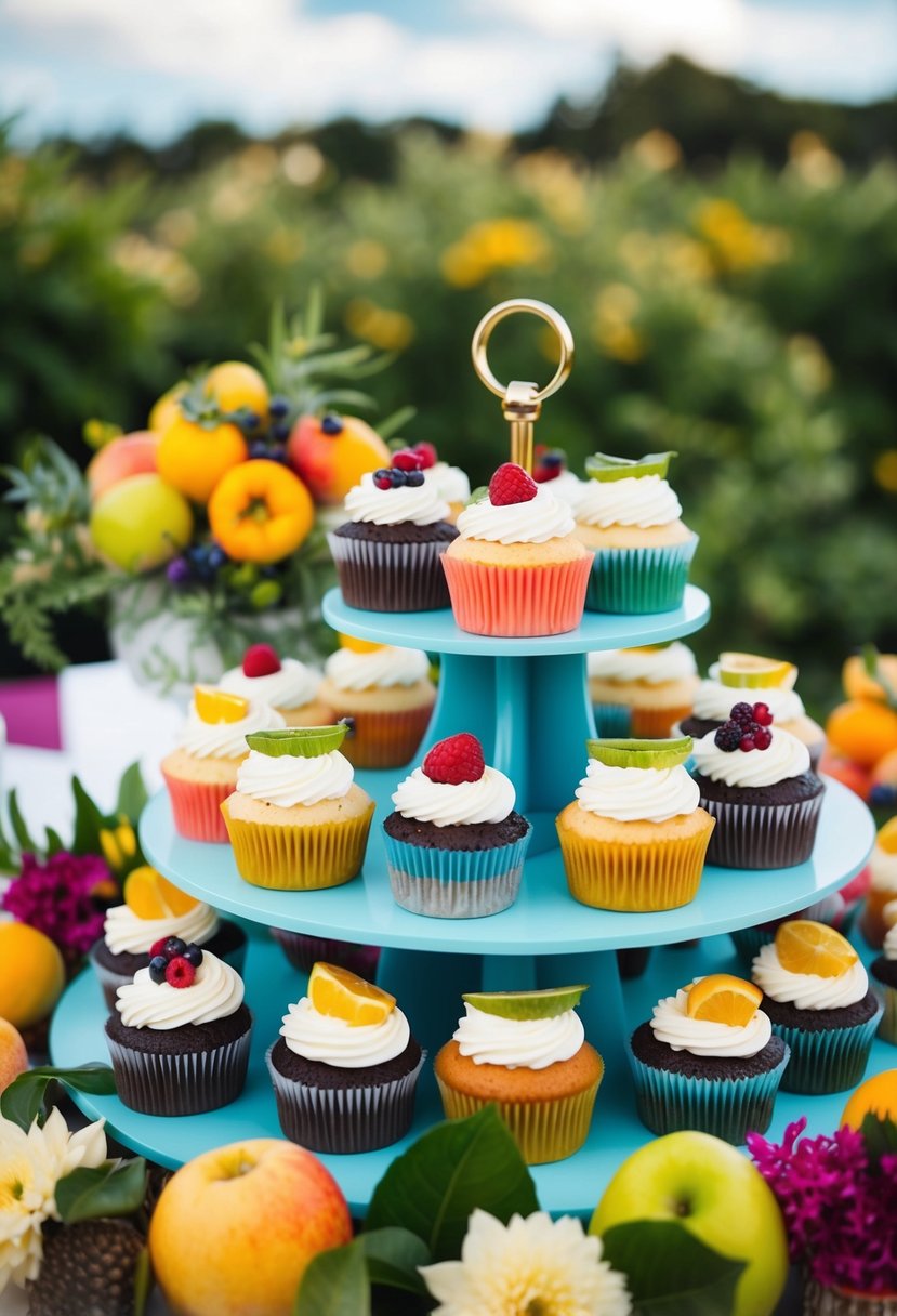 A colorful display of wedding cupcakes featuring seasonal and local flavors, surrounded by fresh fruits, flowers, and greenery