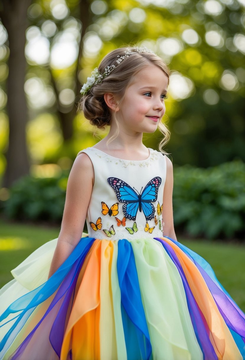 A colorful butterfly-themed wedding dress for kids 11-12, with delicate accents and flowing fabric