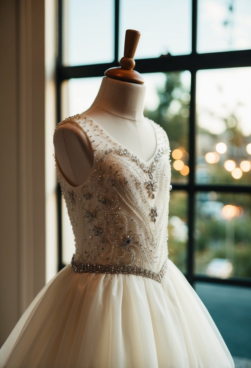 A beaded bodice dress with romantic details, fit for a wedding, displayed on a mannequin for kids aged 11-12