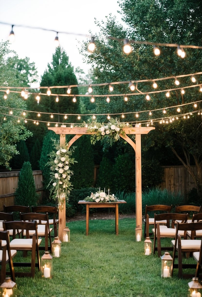 A charming backyard set up with string lights, a rustic wooden arch, and cozy seating for an intimate wedding ceremony