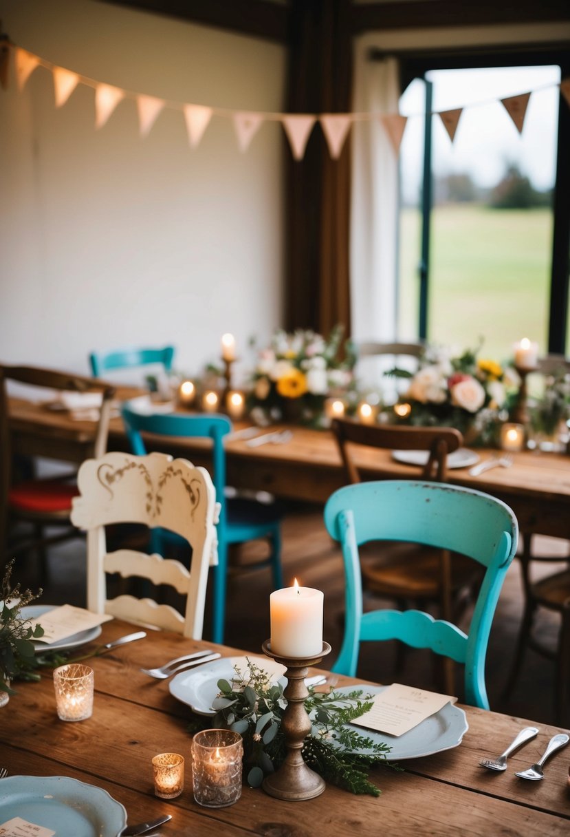 A cozy, rustic wedding setting with mismatched vintage chairs, handmade bunting, and thrifted candle holders on wooden tables