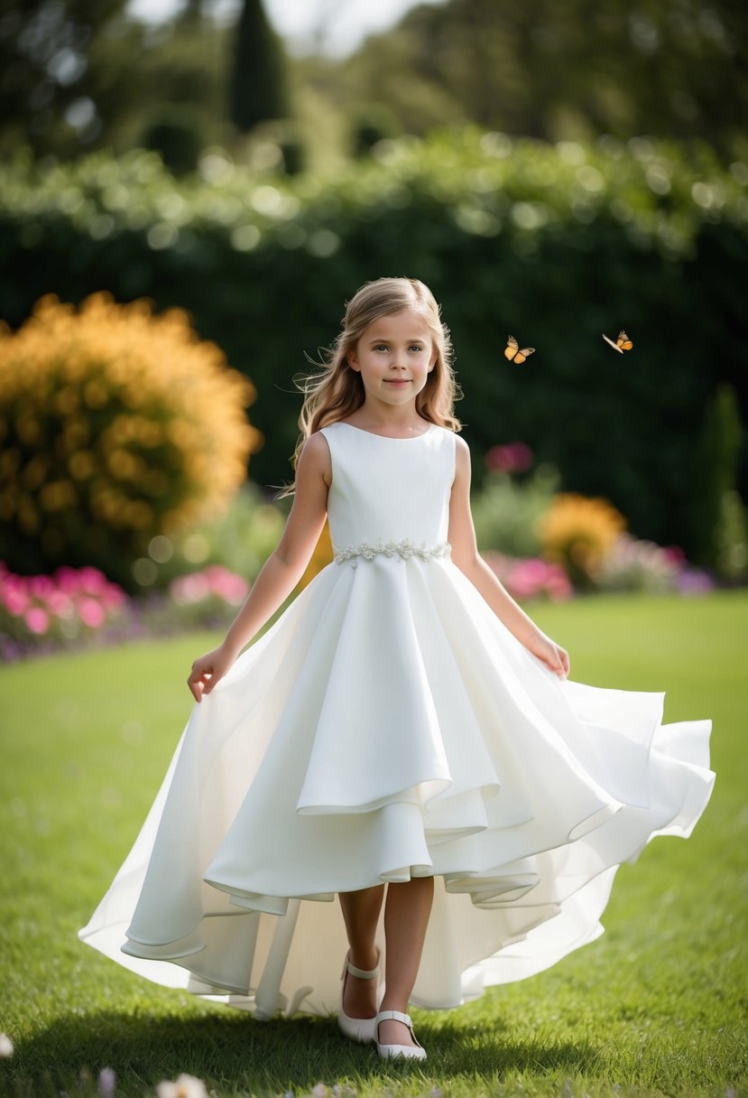 A young girl wearing a modern high-low hem wedding dress, twirling in a garden with flowers and butterflies