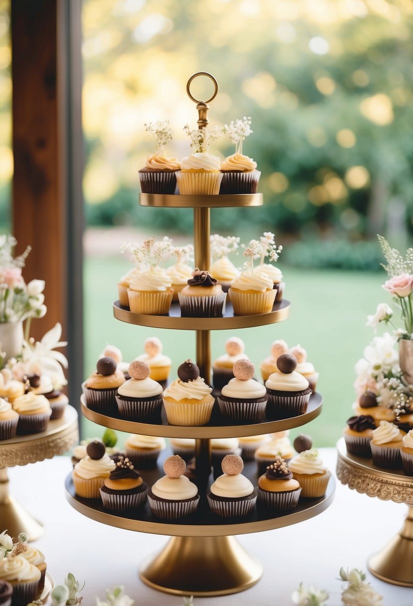 A whimsical wedding display featuring a mix of cupcakes and cake pops arranged on tiered stands, adorned with delicate floral decorations