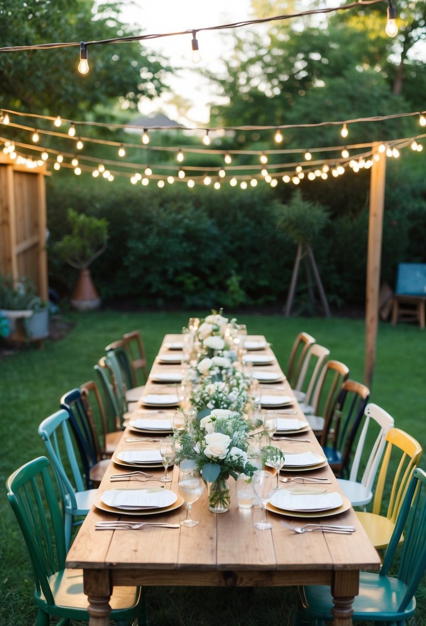 A cozy backyard setting with string lights, a long table adorned with simple floral centerpieces, and a mix of mismatched chairs for a potluck wedding reception