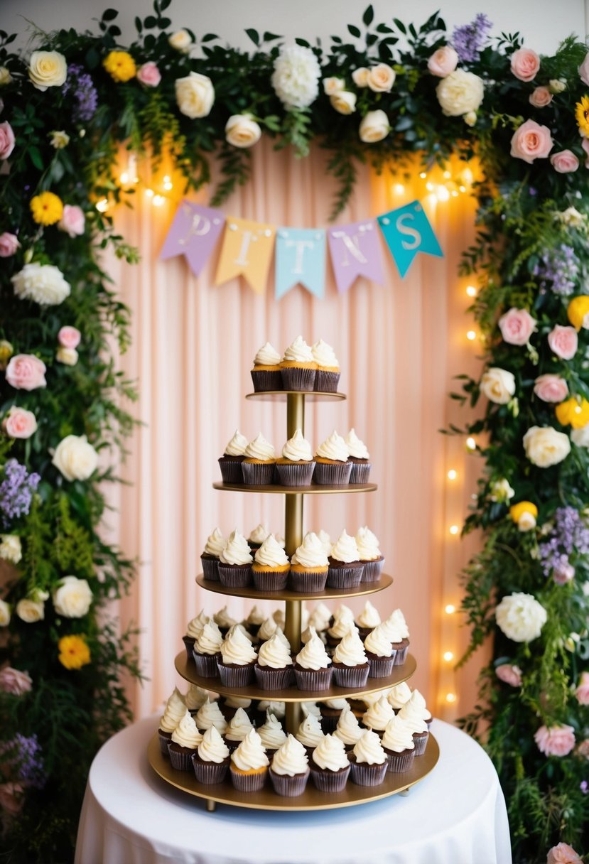 A colorful backdrop of flowers and greenery frames a tiered display of wedding cupcakes, accented with elegant banners and twinkling lights