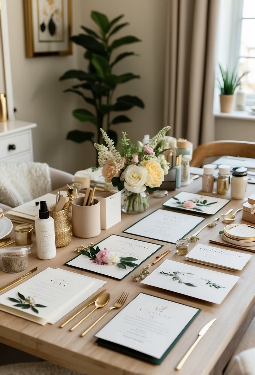 A cozy table with craft supplies, floral accents, and elegant stationery laid out for DIY wedding invitations