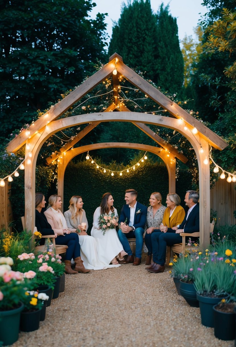 A cozy garden with fairy lights and a rustic arch, surrounded by blooming flowers and a small gathering of loved ones