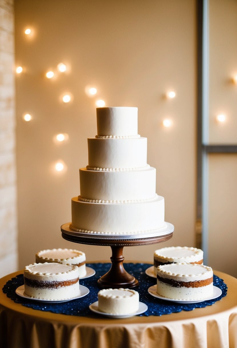 A simple single-tier wedding cake surrounded by smaller sheet cakes on a decorated table