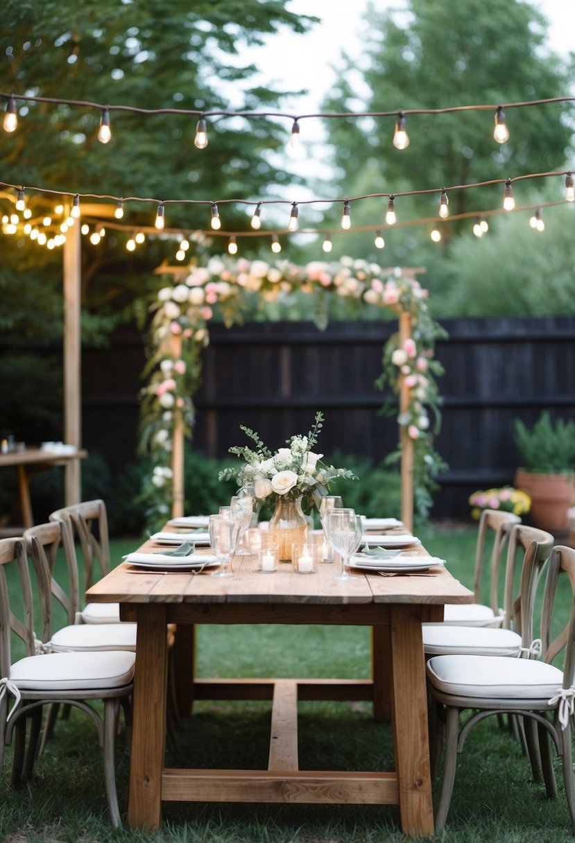 A cozy backyard setting with string lights, a small floral arch, and a rustic wooden table adorned with simple centerpieces and place settings