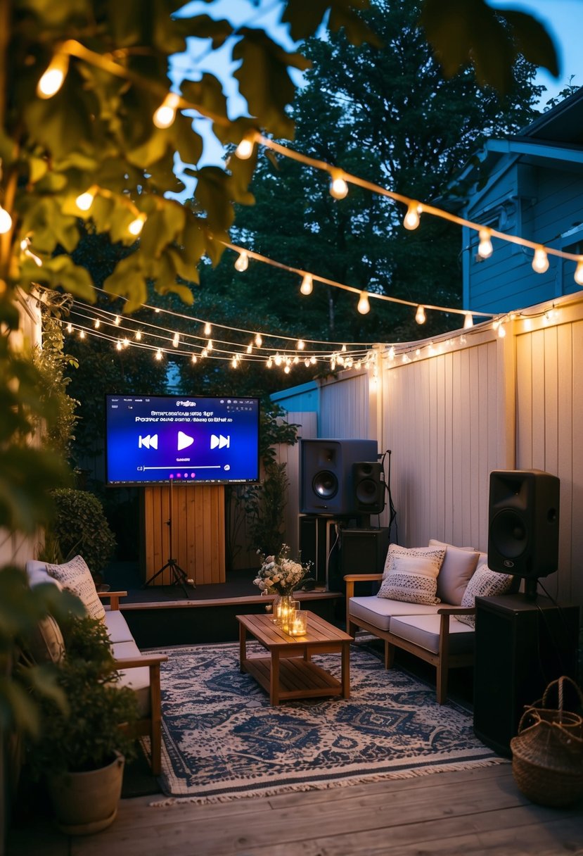 A cozy backyard set up with fairy lights, a small stage for live music, and a playlist of personalized songs playing in the background