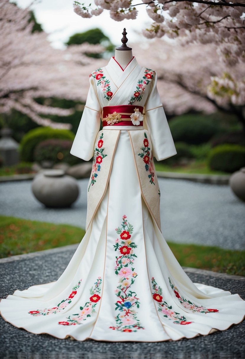 A traditional Japanese wedding dress with intricate floral embroidery and flowing silk fabric, set against a backdrop of cherry blossoms and a serene garden