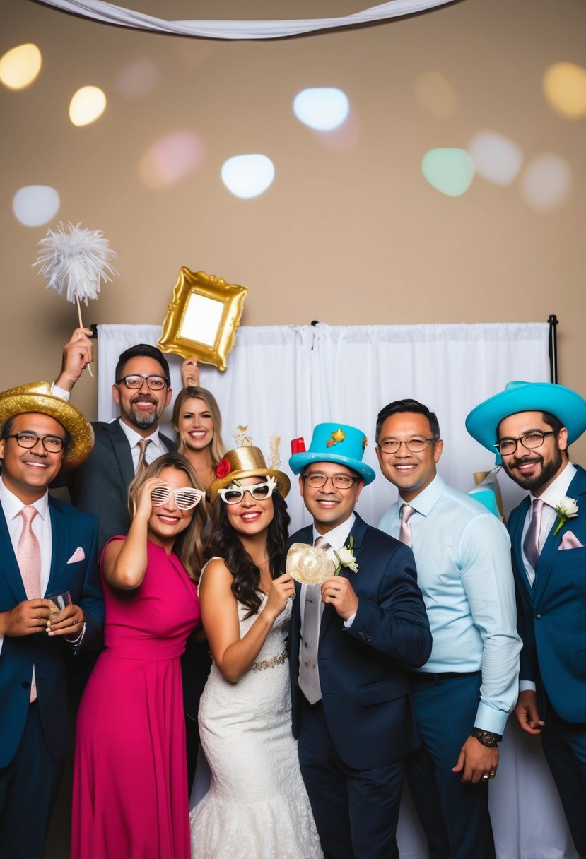 A festive photo booth at a small wedding, with props and a backdrop, capturing fun memories on a budget