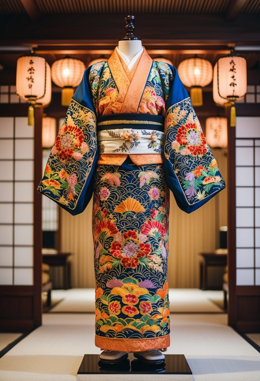 A vibrant and intricately embroidered Uchikake kimono draping over a traditional Japanese wedding display