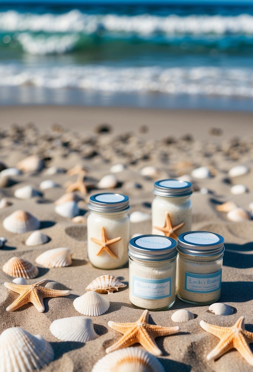 A sandy beach with seashells and starfish scattered around a table with small jars of beach-themed wedding favors. The ocean waves gently crashing in the background