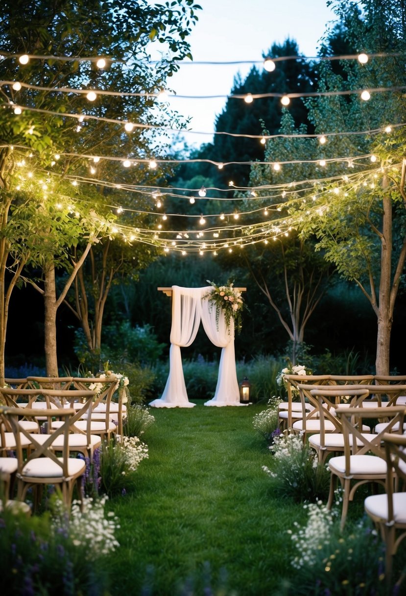 A cozy outdoor garden with fairy lights strung across trees, illuminating a simple wedding altar made of draped fabric and wildflowers