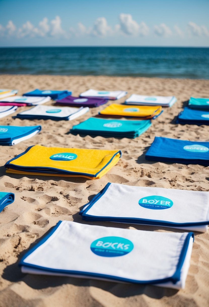 A sandy beach with a colorful array of custom beach towels laid out in the sun, with a serene ocean backdrop for a beach wedding favor idea