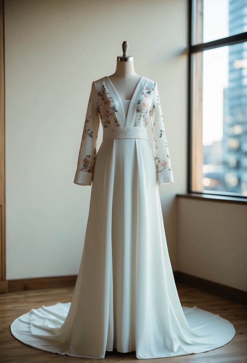 An elegant A-line wedding dress with kimono-style details, featuring delicate floral patterns and a flowing silhouette