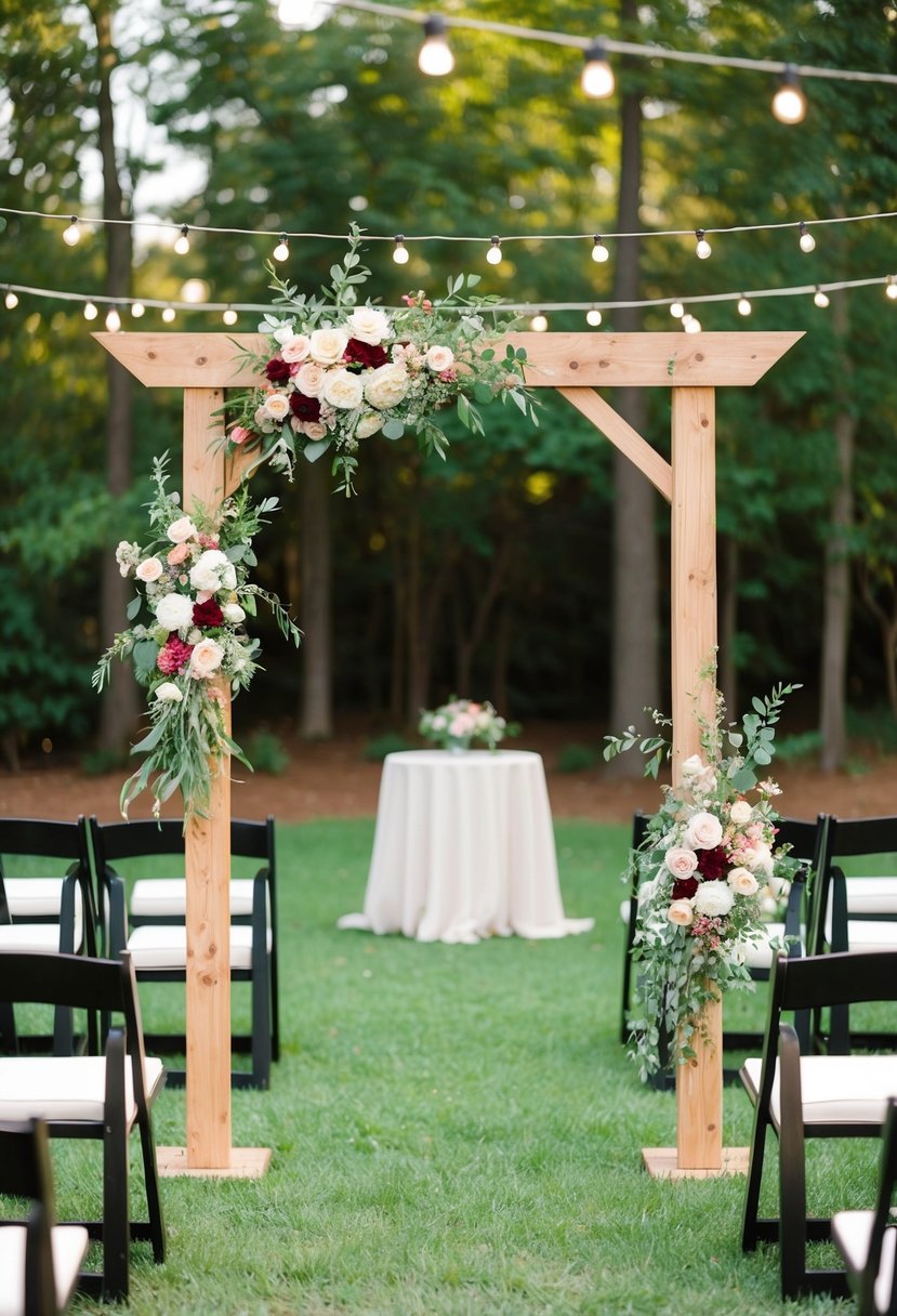 A small outdoor wedding with a rustic wooden arch adorned with seasonal flowers, surrounded by string lights and simple seating