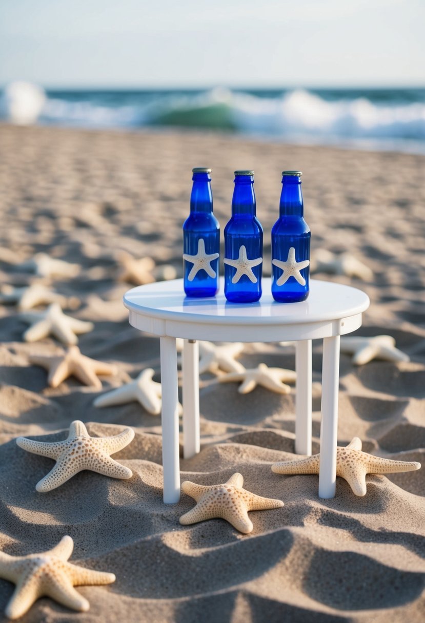 A sandy beach with starfish scattered around, a table displaying starfish-shaped bottle openers, and ocean waves in the background