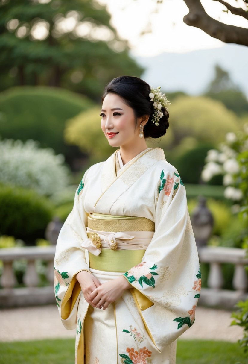 A bride in a traditional Japanese kimono robe, adorned with intricate floral patterns and flowing sleeves, stands before a serene garden backdrop