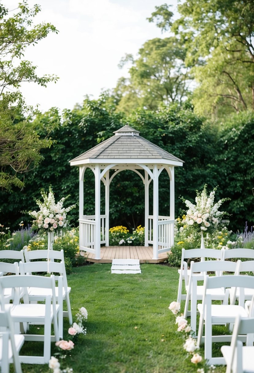 A simple outdoor wedding in a garden with a small gazebo, surrounded by blooming flowers and greenery, with white chairs for guests and a simple arch for the ceremony