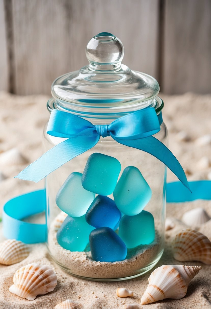 Sea glass candies arranged in a clear glass jar with sand and seashells, tied with a blue ribbon