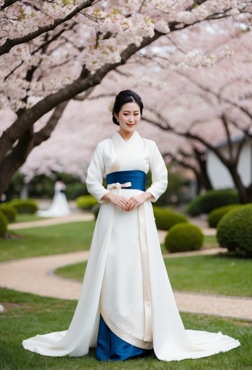 A bride in a modern Hanbok wrap-style wedding dress, standing in a serene Japanese garden with cherry blossom trees in full bloom