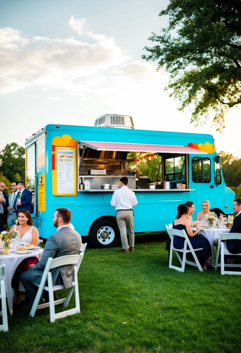 A colorful food truck parked at a wedding venue, surrounded by tables and chairs with guests enjoying a casual outdoor meal