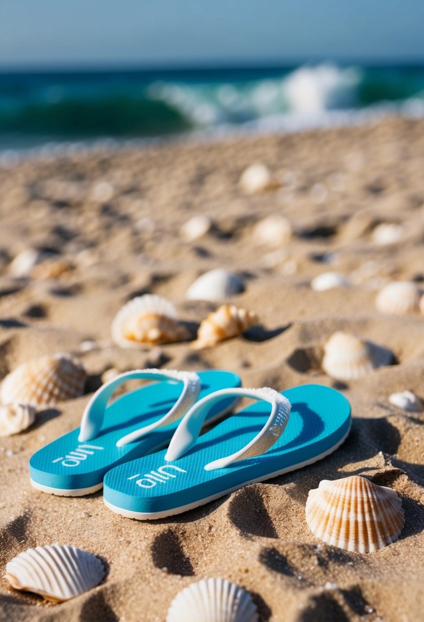 A sandy beach with personalized flip-flops scattered on the shore, surrounded by seashells and ocean waves in the background