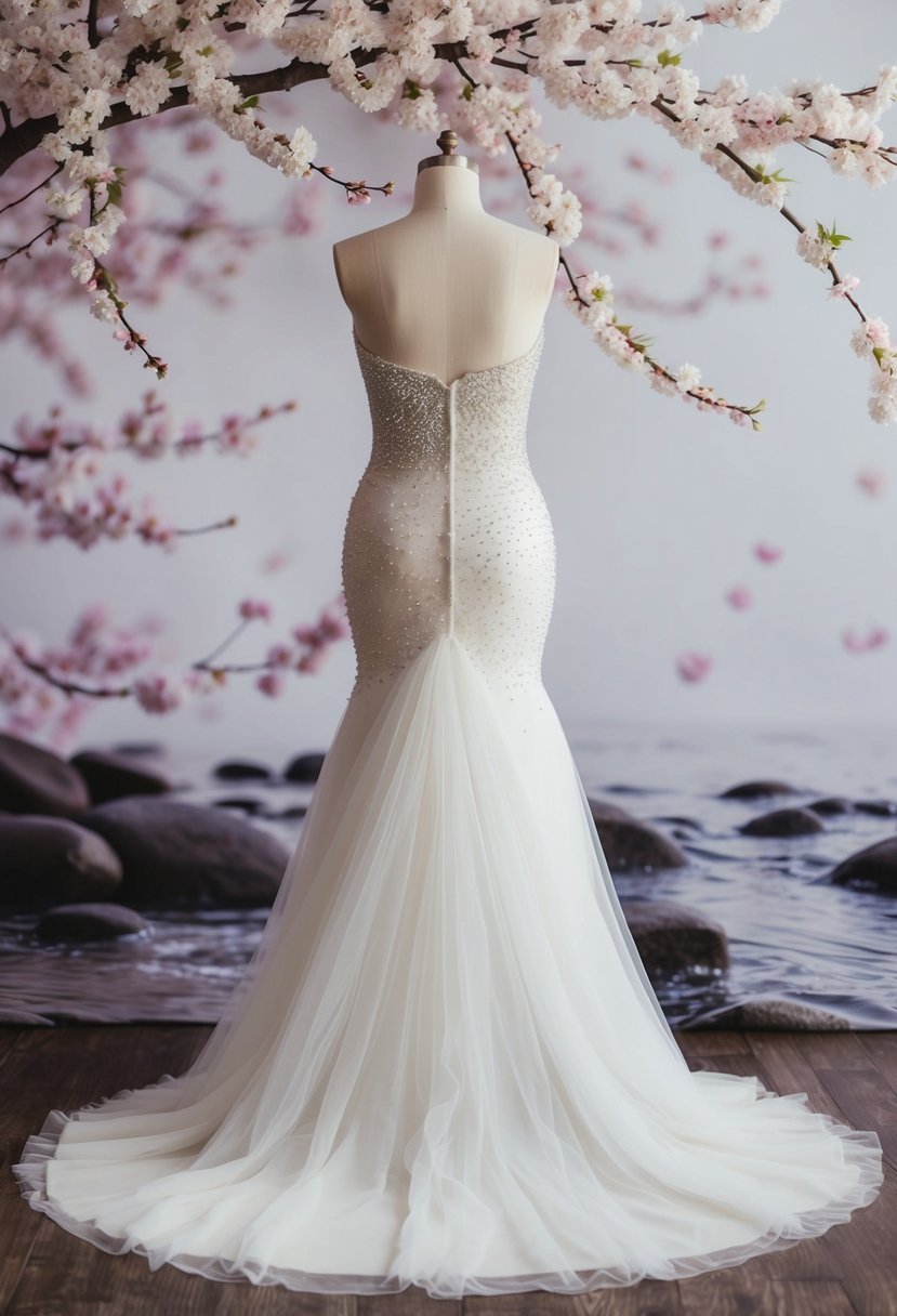 A beaded mermaid-style tulle wedding dress draped over a Japanese-inspired backdrop with delicate cherry blossoms and flowing water