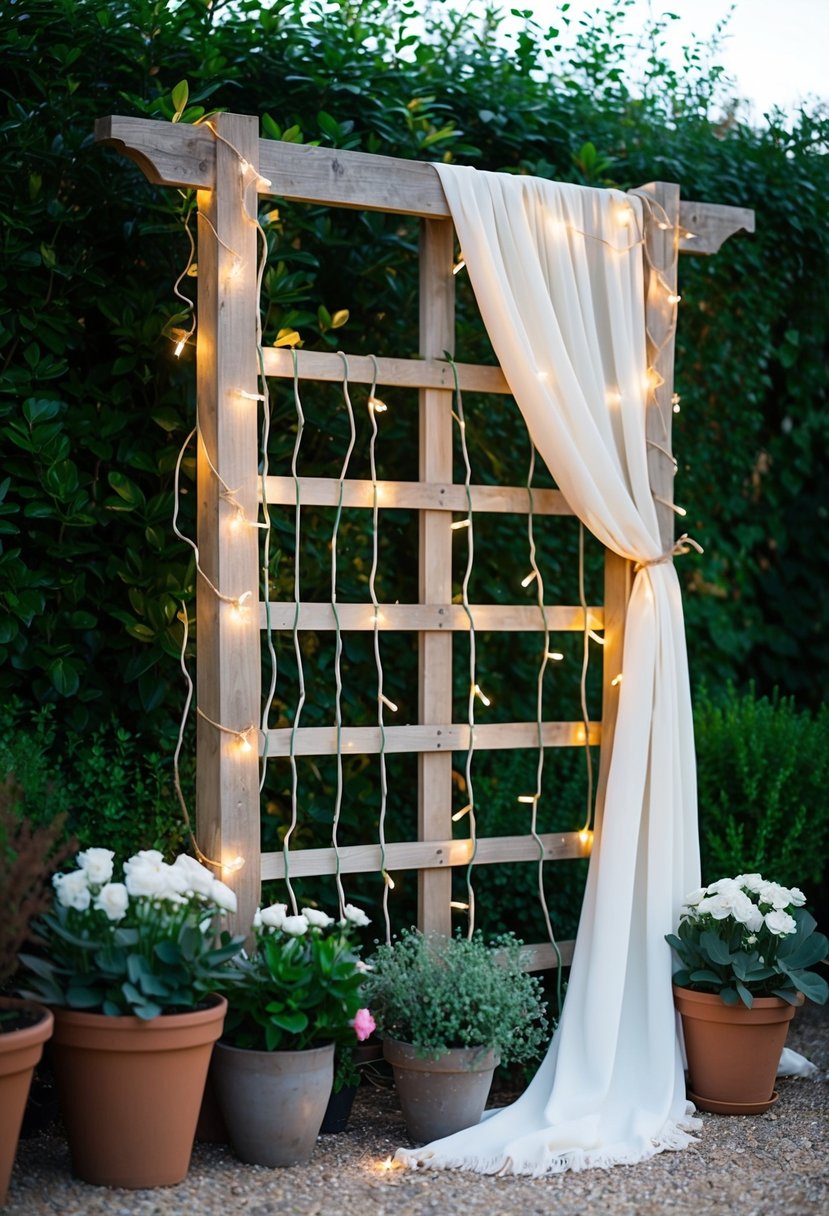 A rustic wooden trellis adorned with fairy lights and draped with flowing fabric, surrounded by potted flowers and greenery