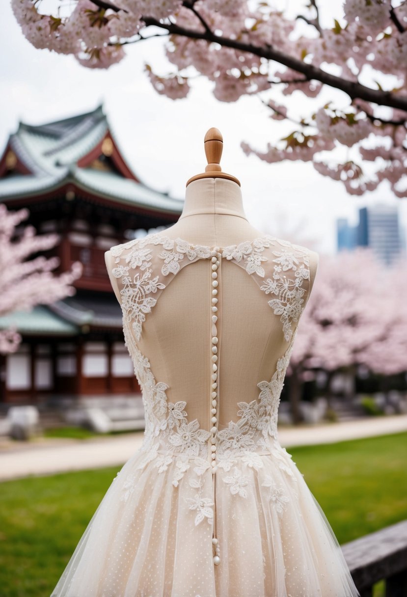 An ivory lace dress with illusion back, adorned with dotted tulle, set against a backdrop of cherry blossom trees and traditional Japanese architecture