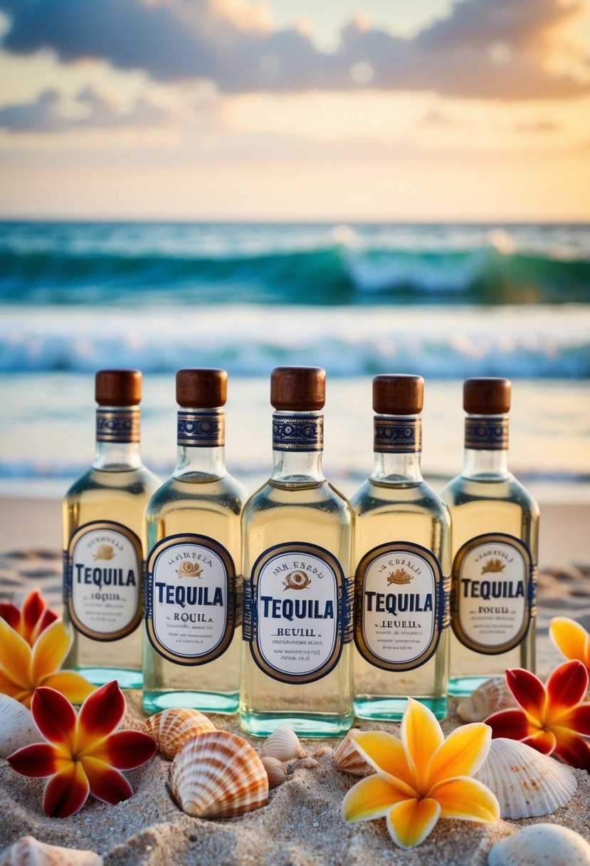 Mini tequila bottles arranged on sandy beach with seashells and tropical flowers, ocean waves in background