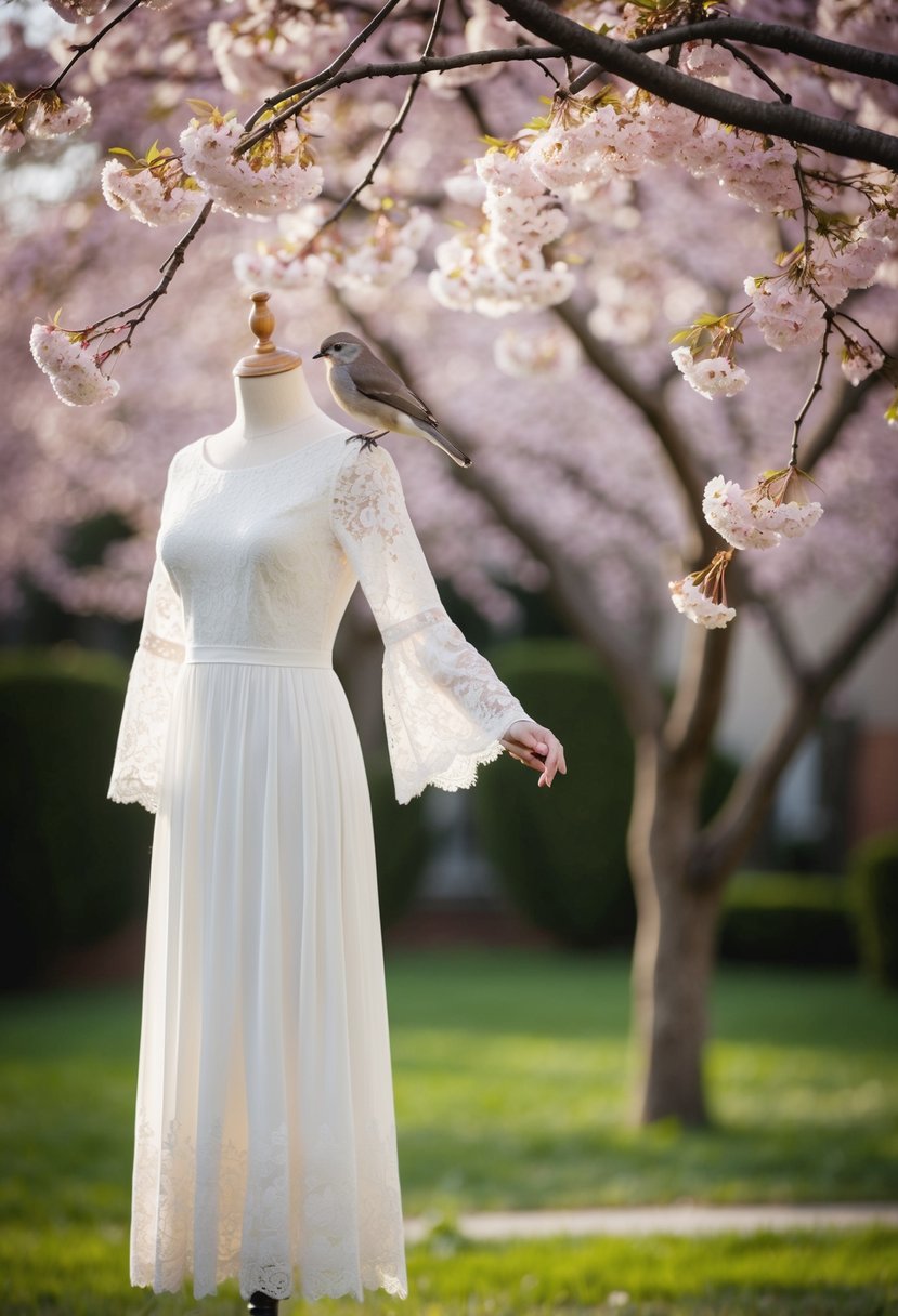 A serene garden with cherry blossom trees, a graceful bird perched on a delicate lace A-line dress, with long sleeves fluttering in the breeze