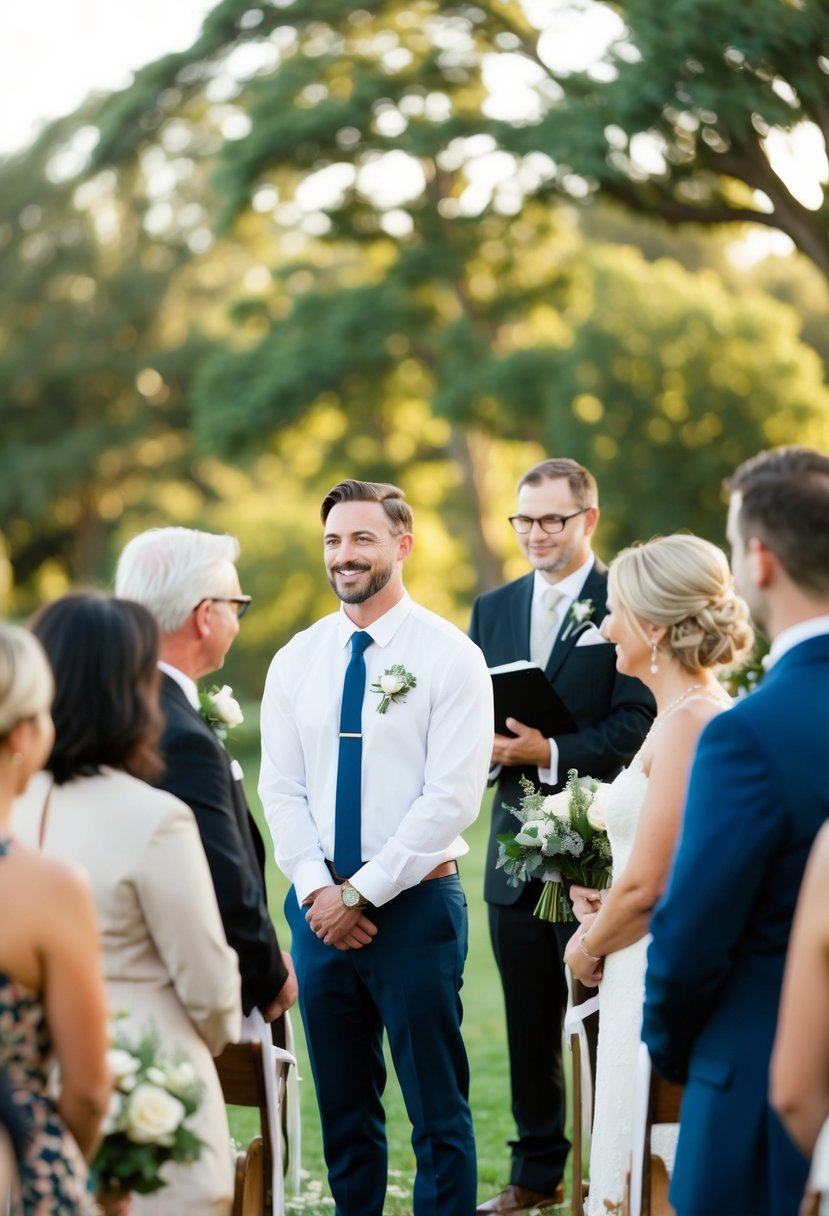 A friend stands before a small gathering, officiating a wedding ceremony in a budget-friendly setting