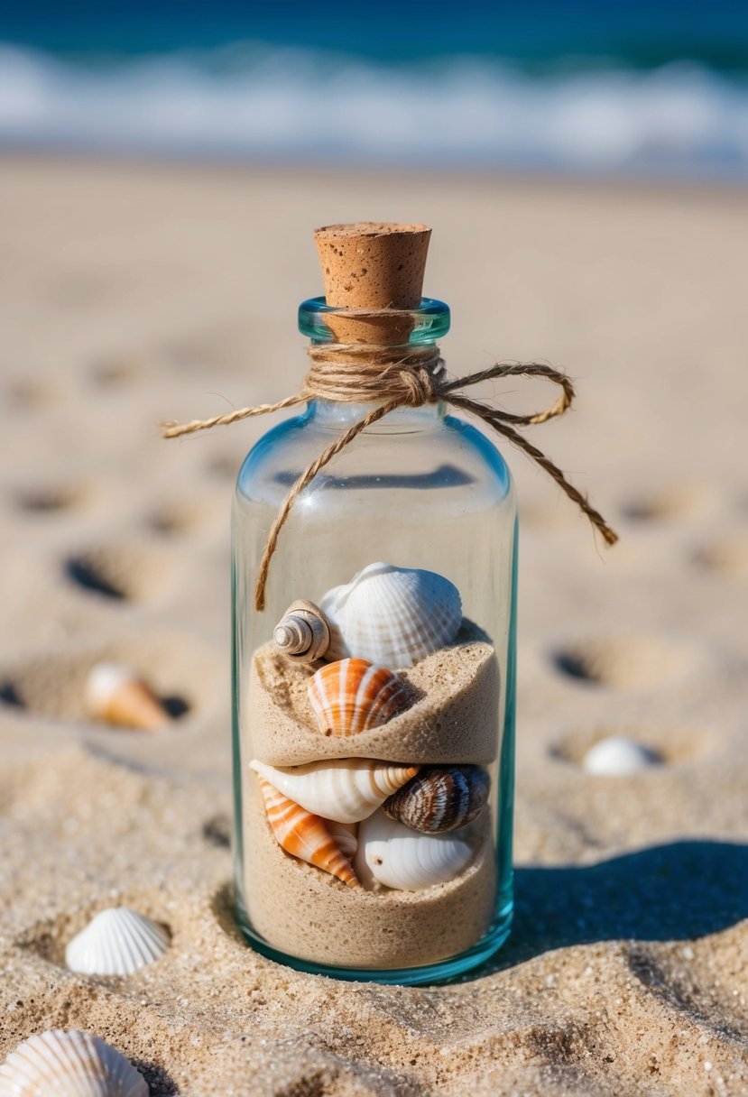 A glass bottle with a cork stopper, filled with sand and seashells, tied with a twine bow, sits on a sandy beach