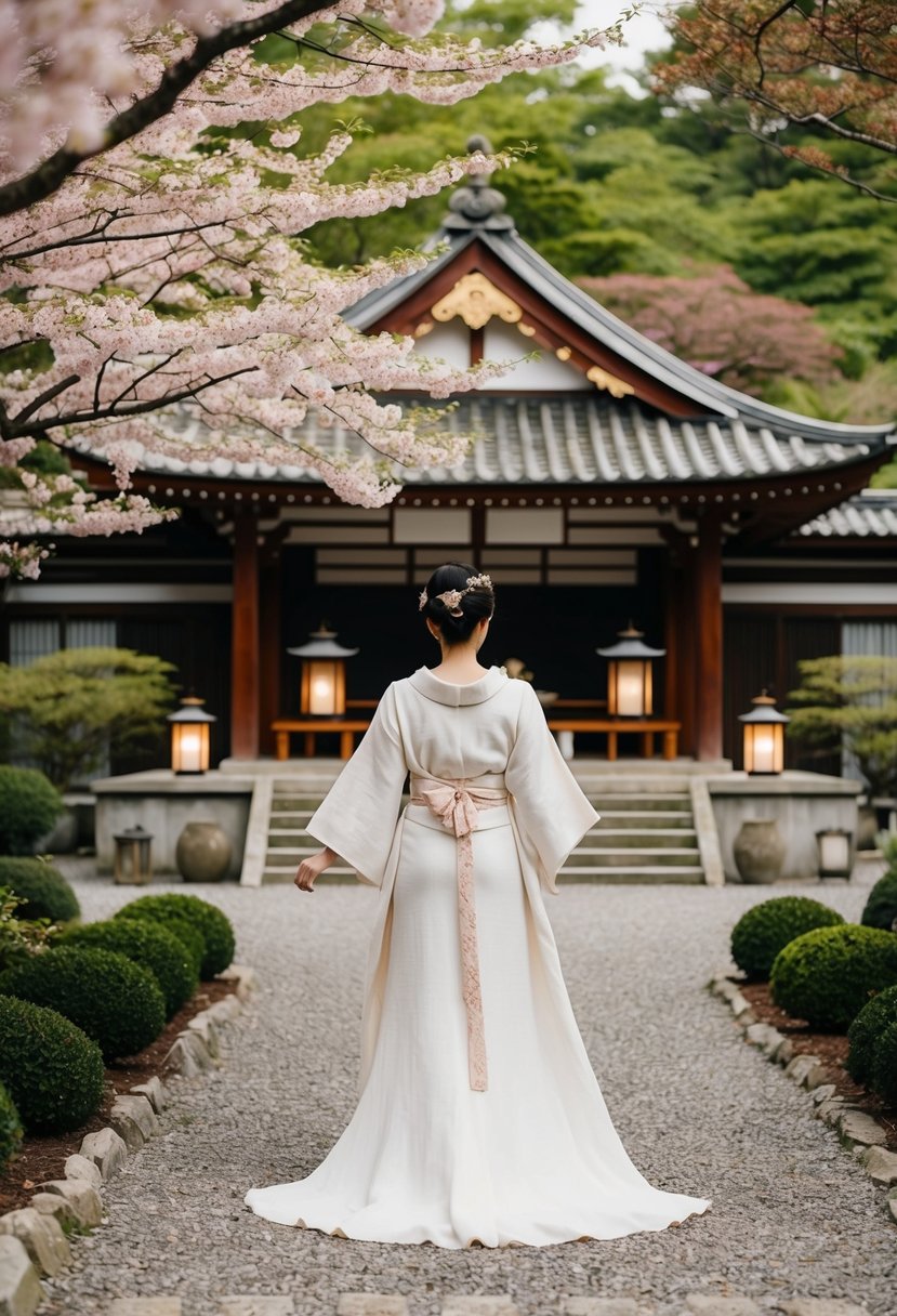 A serene garden setting with a traditional Japanese wedding altar, adorned with cherry blossoms and lanterns, as a bride in a flowing linen maxi kimono sleeve wedding dress approaches