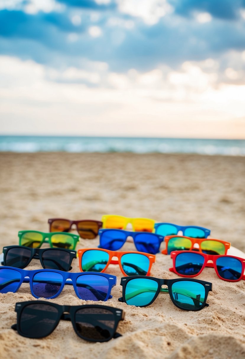 A sandy beach with a colorful array of customized sunglasses arranged on a table, with the ocean in the background