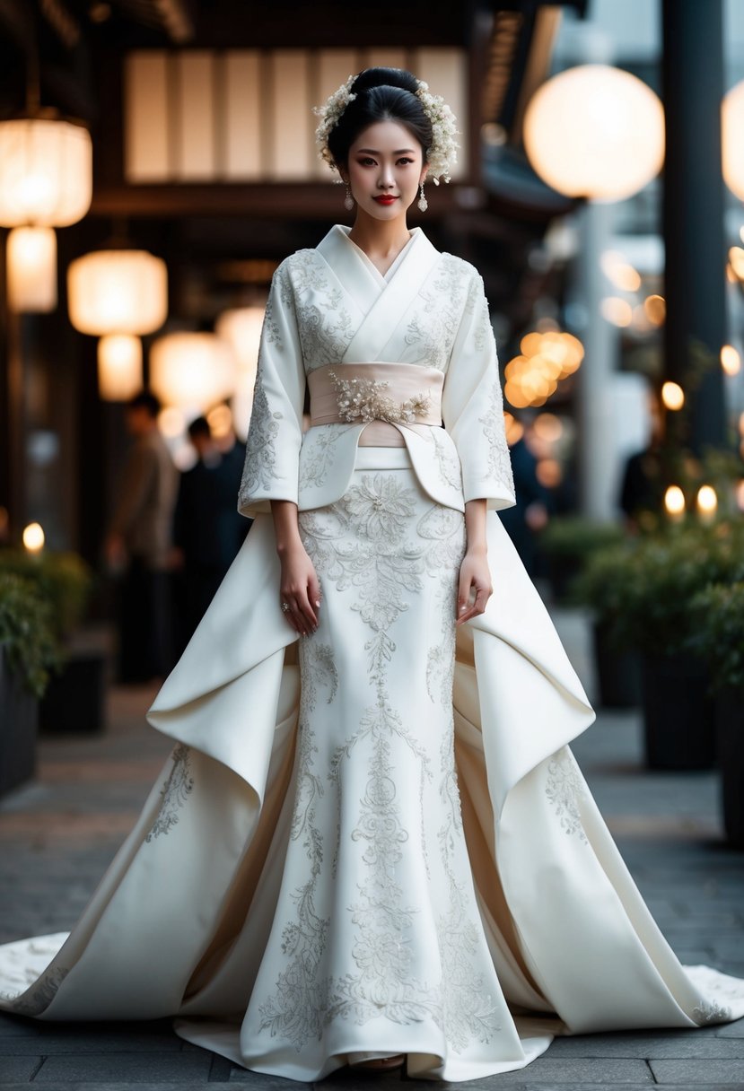 A stunning Japanese wedding dress with intricate embroidery and flowing layers, inspired by traditional kimono patterns and modern haute couture