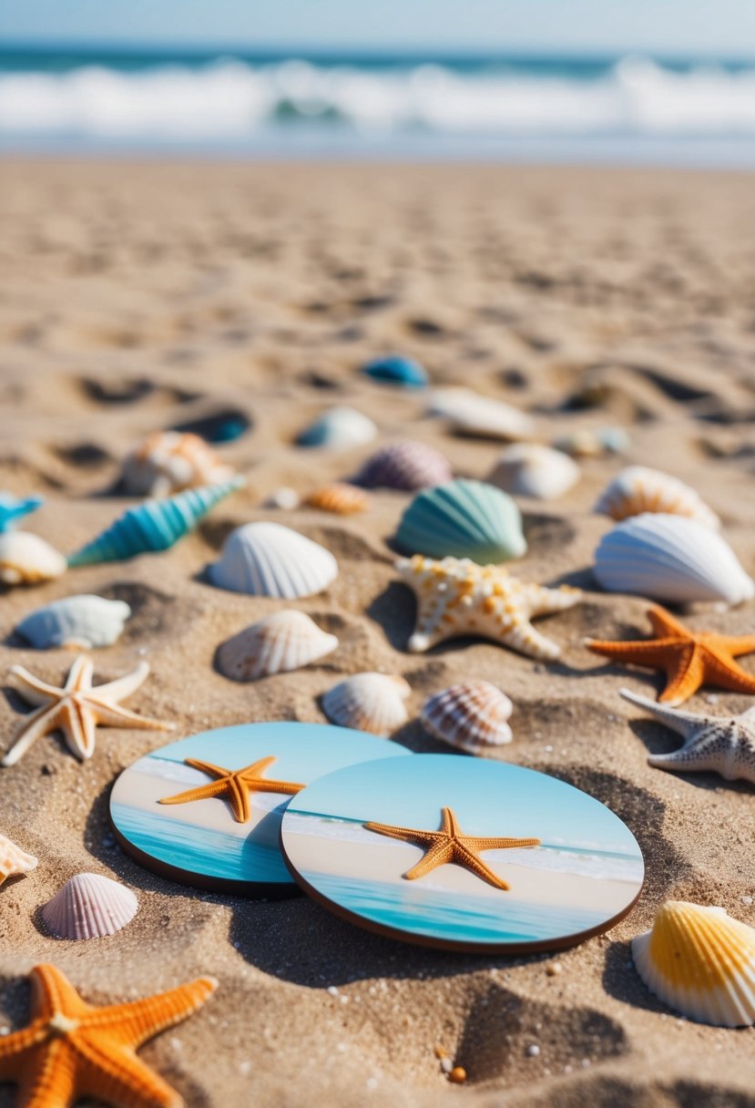 A sandy beach with colorful shells and starfish scattered around, with a pair of beach-themed coasters placed on a wooden table