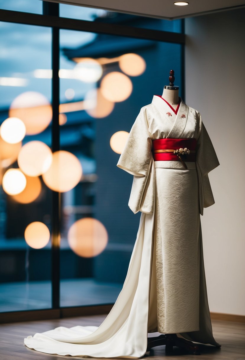 A traditional Japanese wedding dress displayed on a mannequin in a modern studio