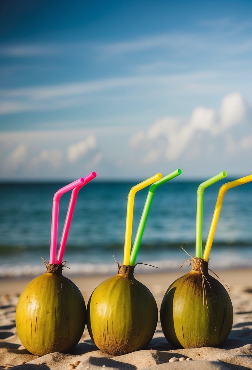 Fresh coconuts with straws arranged on sandy beach with ocean backdrop