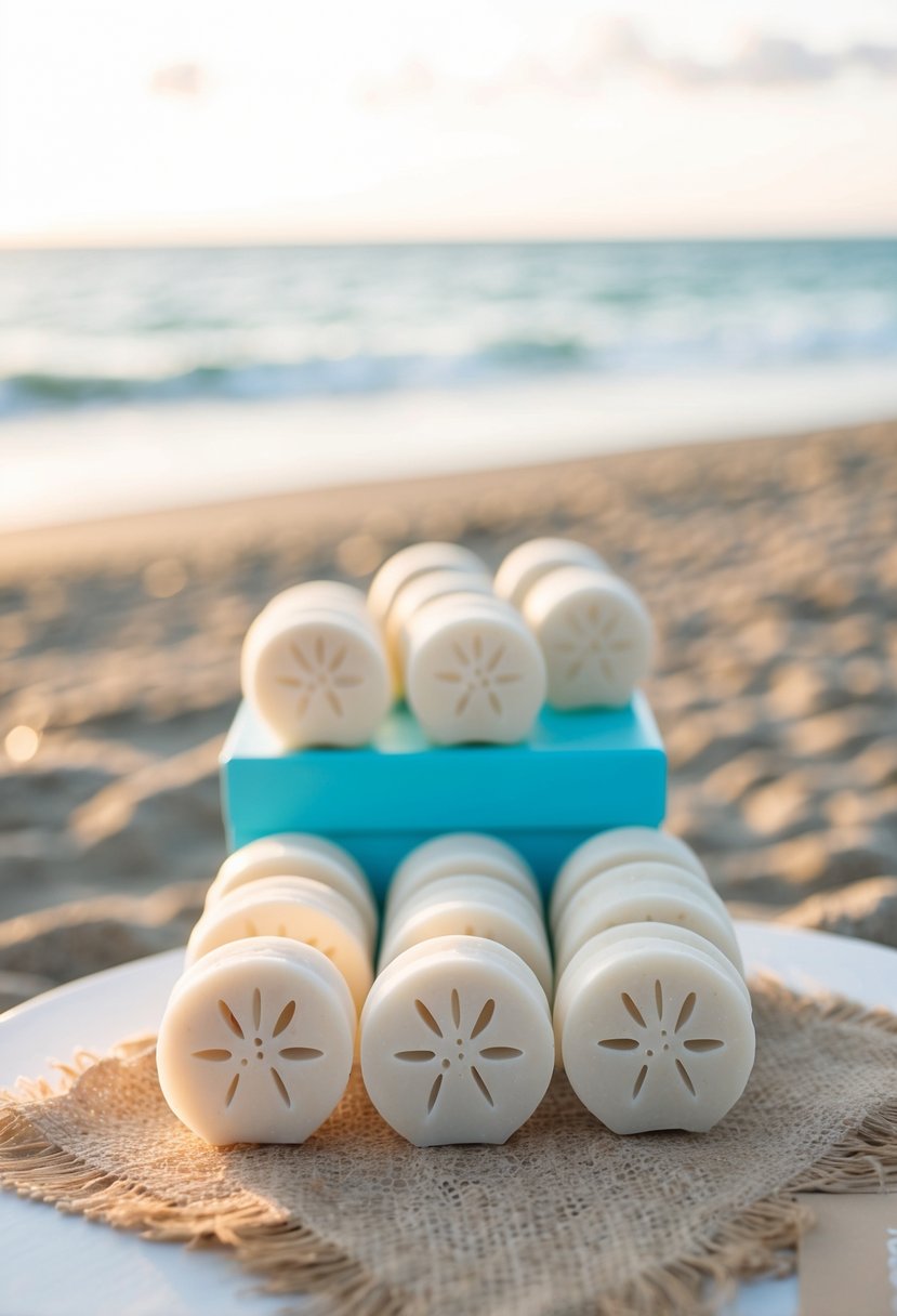 A beach wedding scene with sand dollar soap wedding favors arranged on a table by the shore