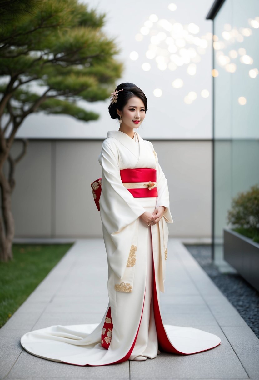 A modern Japanese wedding dress with traditional kimono elements, set against a backdrop of a minimalist Japanese garden