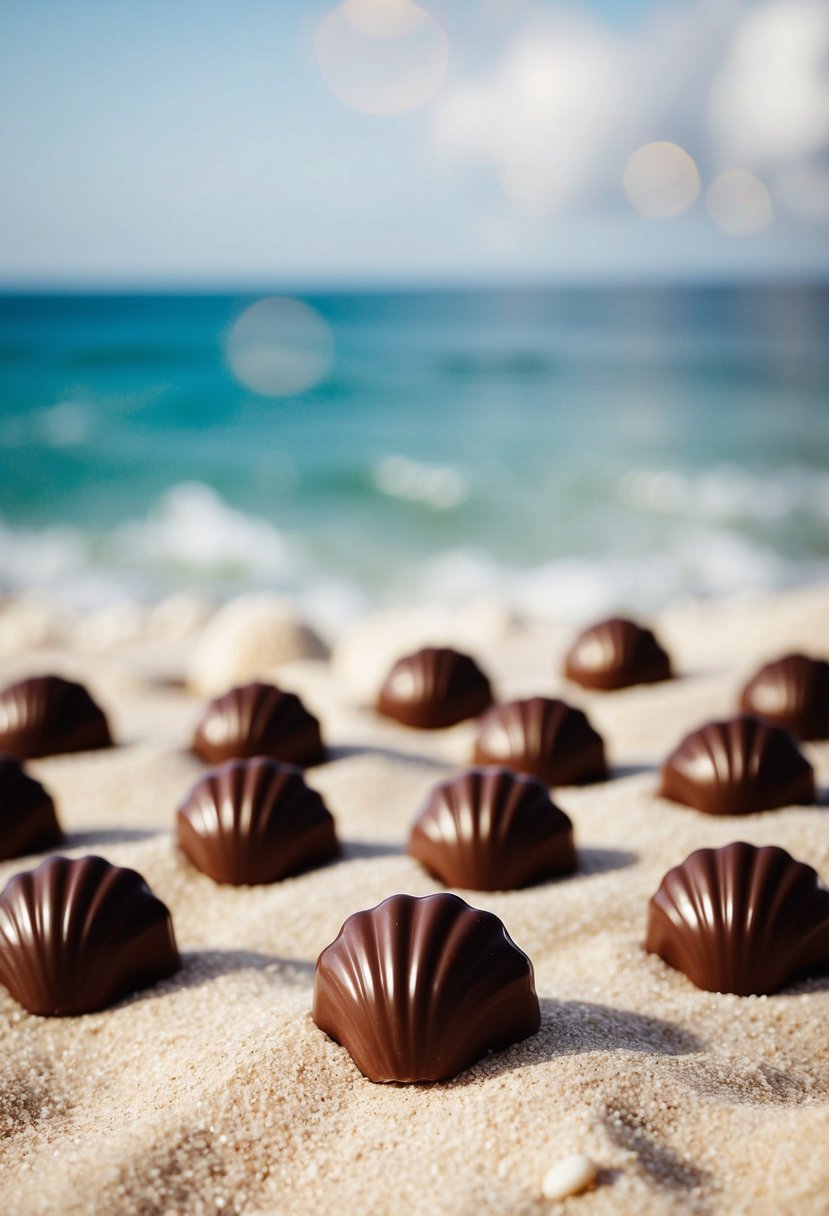 Seashell-shaped chocolates arranged on sandy beach with ocean backdrop