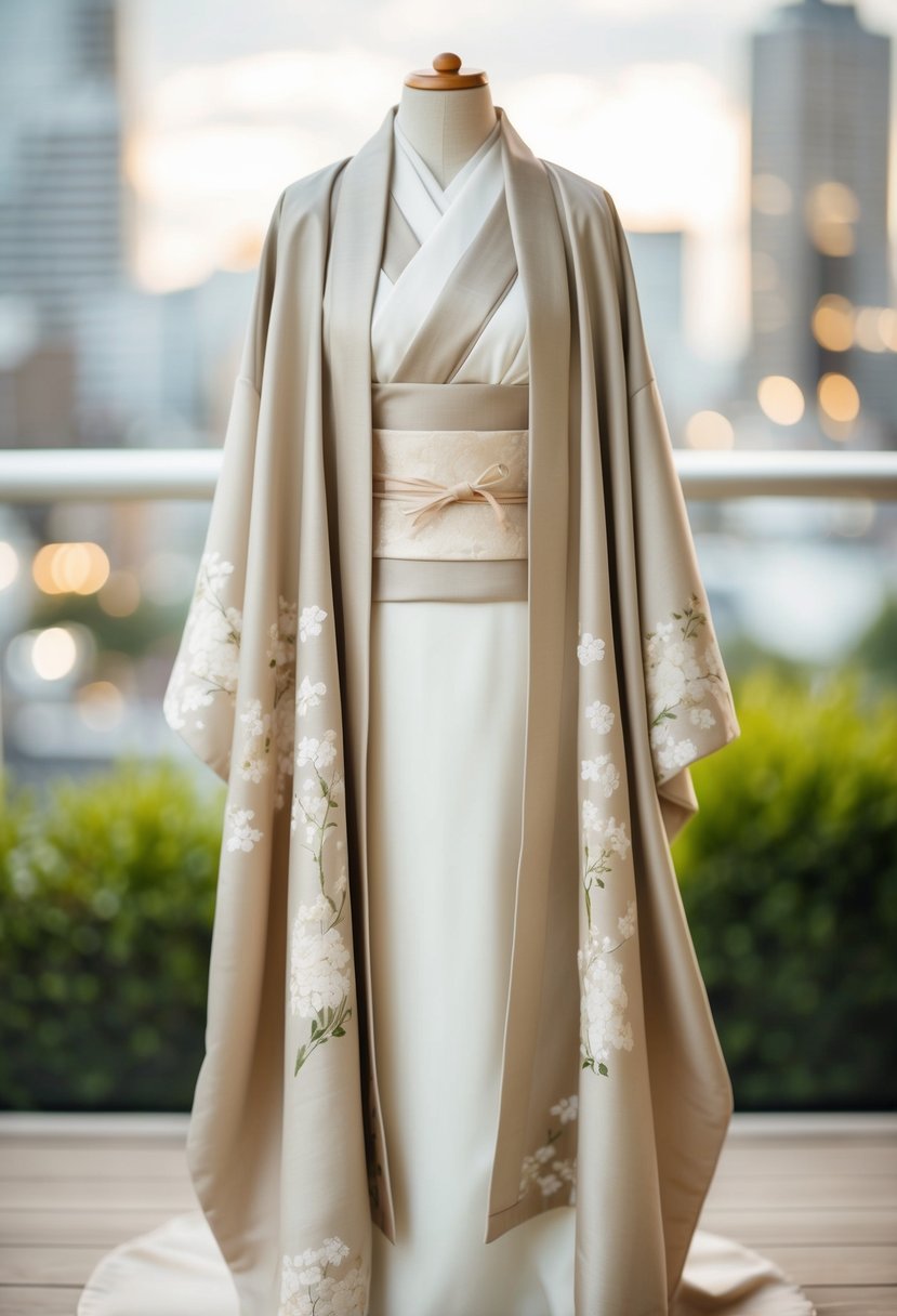 A neutral-colored haori draped over a traditional Japanese wedding dress, with delicate floral patterns and flowing fabric