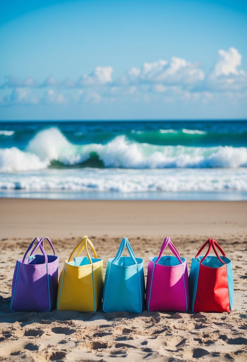 A sandy beach with colorful beach totes arranged in a neat row, with a backdrop of crashing waves and a bright blue sky