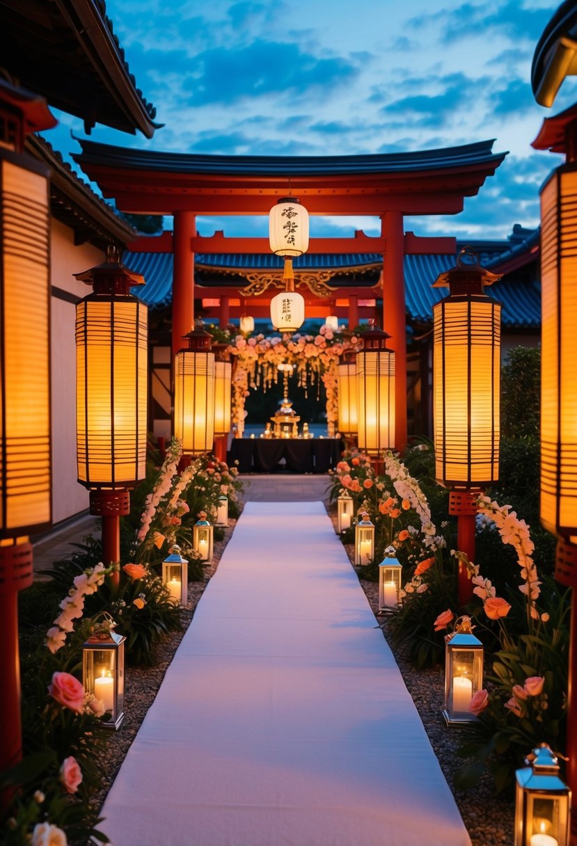 A lantern-lit aisle with traditional Japanese wedding decor and floral arrangements