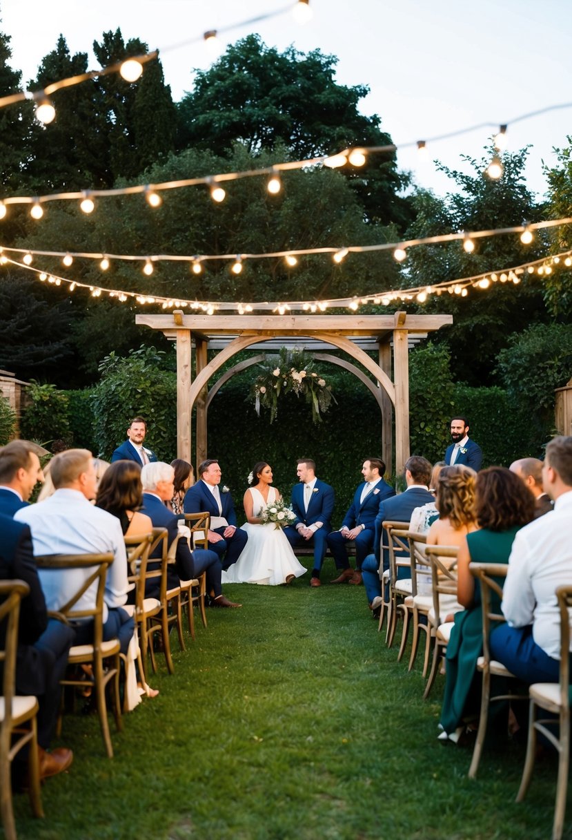 A cozy outdoor garden with twinkling lights, a rustic wooden arch, and a small intimate gathering of guests seated on vintage chairs